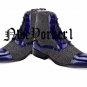 Handmade Navy Blue Boots, Leather & Tweed Fashion Ankle High Stylish Boots Men