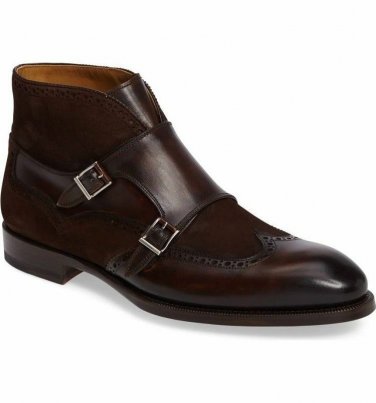 Men Handmade Suede Panel Double Monk Strap Leather Boots, Men Dress Formal Boots