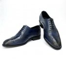 Handmade Oxford Navy Blue Leather Shoes, Wing Tip Brogue Formal Dress Shoes Men