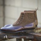 Handmade Brown Button Boots Men Brown Formal Boot Men Button Leather Tweed Boot