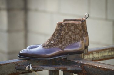 Handmade Brown Button Boots Men Brown Formal Boot Men Button Leather Tweed Boot