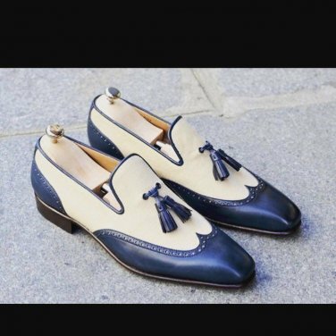Handmade men Tassels wingtip two tone leather shoes, Men's beige navy shoes