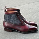 Handmade Burgundy Leather Ankle Boots,Tweed Casual Cap Toe Boot, Men Formal Boot