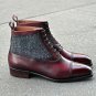 Handmade Burgundy Leather Ankle Boots,Tweed Casual Cap Toe Boot, Men Formal Boot