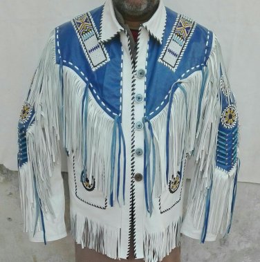 Men Western White Leather Jacket, Club Jacket, Fringe Suede Fashion Jacket New
