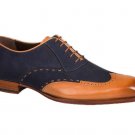 Men's Wingtip Shoes, Brogue Leather Shoes, Handmade Navy Tan Shoes, Two Tone