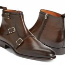 Men Handmade Triple Monk Leather Boots, Brown Ankle High formal Dress Boots