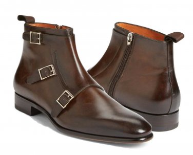 Men Handmade Triple Monk Leather Boots, Brown Ankle High formal Dress Boots