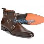 Men Handmade Triple Monk Leather Boots, Brown Ankle High formal Dress Boots