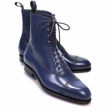 Hand Stitched Ankle Boots Navy Lace Up Cap Toe Leather Boots Party Boot Men's