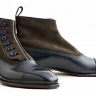 Men Handcrafted Brown Navy Button Top Leather Boots Office Dress Formal Boots
