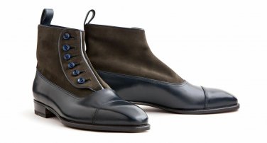 Men Handcrafted Brown Navy Button Top Leather Boots Office Dress Formal Boots