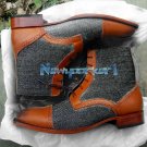 Handmade Tone Ankle High Boots Tweed & Leather Cap Toe Formal Casual Boots
