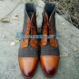 Handmade Tone Ankle High Boots Tweed & Leather Cap Toe Formal Casual Boots