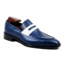 Handmade Shoes, Slip-on blue white genuine calf leather Shoes, Loafer Shoes
