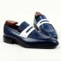 Handmade Shoes, Slip-on blue white genuine calf leather Shoes, Loafer Shoes