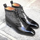 Handmade Black gray Leather Ankle Boots Tweed Casual Cap Toe Men Formal Boot