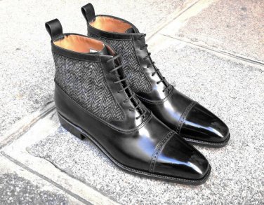 Handmade Black gray Leather Ankle Boots Tweed Casual Cap Toe Men Formal Boot