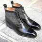 Handmade Black gray Leather Ankle Boots Tweed Casual Cap Toe Men Formal Boot
