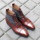 Handmade Brown Leather Ankle Boots,Tweed Casual Cap Toe Boot New Formal Boot Men