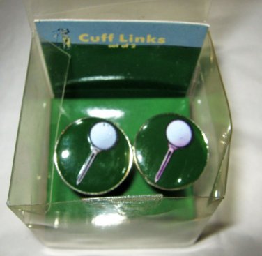 Golf Ball on tee green enamel silver tone round cufflinks cuff links