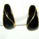 Crown Trifari black enamel gold tone huggie clip earrings 1" .signed