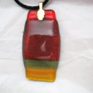 Abstract orange red green yellow fused glass 2" x 1" large pendant USA