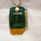 Abstract green bllue tan yellow fused glass 2" x 1" large pendant USA