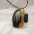 Abstract black white tan fused glass 1" x 1.5" pendant USA