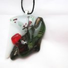 Abstract green black white red fused glass 1.75" x 1.25" large pendant USA