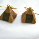 Pyramid wood inlay dangle hook earrings 1/2"  small Handmade