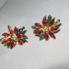 Poinsettia red green enamel gold tone post earrings 3/4" Thailand