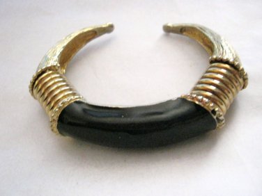 Black enamel gold tone metal spring cuff bracelet 1/2" adjustable