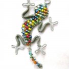 Rainbow Gecko Lizard beaded wire wrap pewter tone handmade pendant 2.5"