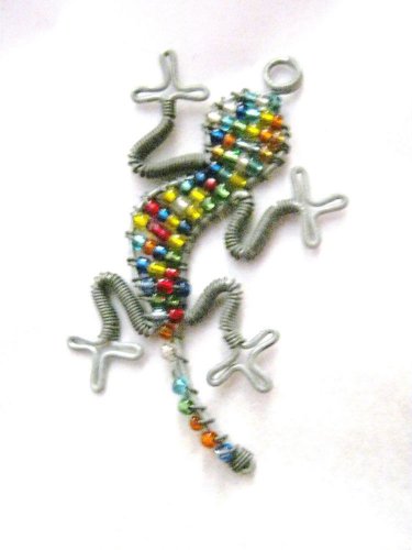 Rainbow Gecko Lizard beaded wire wrap pewter tone handmade pendant 2.5"