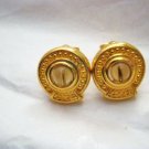 Vintage Tiki gold tone brown bead round clip earrings signed 3/4"