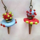 Blue green red hobnail polka dot dangle pierced lamp work earrings 1.25"
