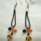 Halloween Orange Black Bat faceted bead cord dangle pierced hook earrings 2.5"