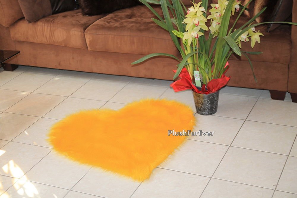 30" x 30" Bright Yellow Heart Shape Faux Fur Shaggy Rug Fake Fur