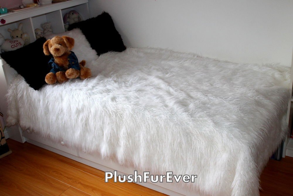 60"x90" Twin size white mongolian fake fur bedspread bedroom comforter