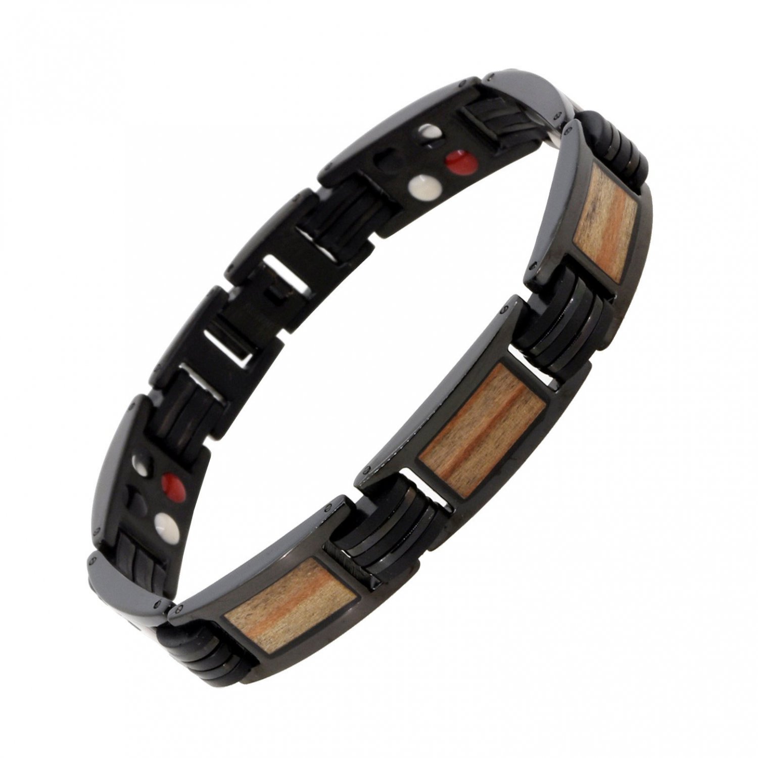 Black Wood Inlay Link Chain Rubber Link Mens Titanium Bracelet