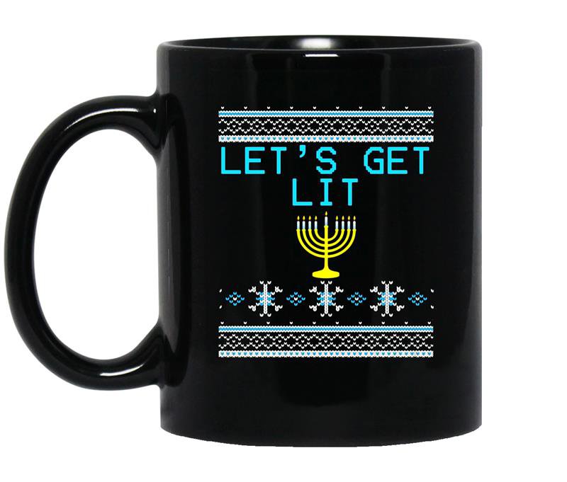Lets get lit funny hanukkah sweater menorah coffee Mug_Black
