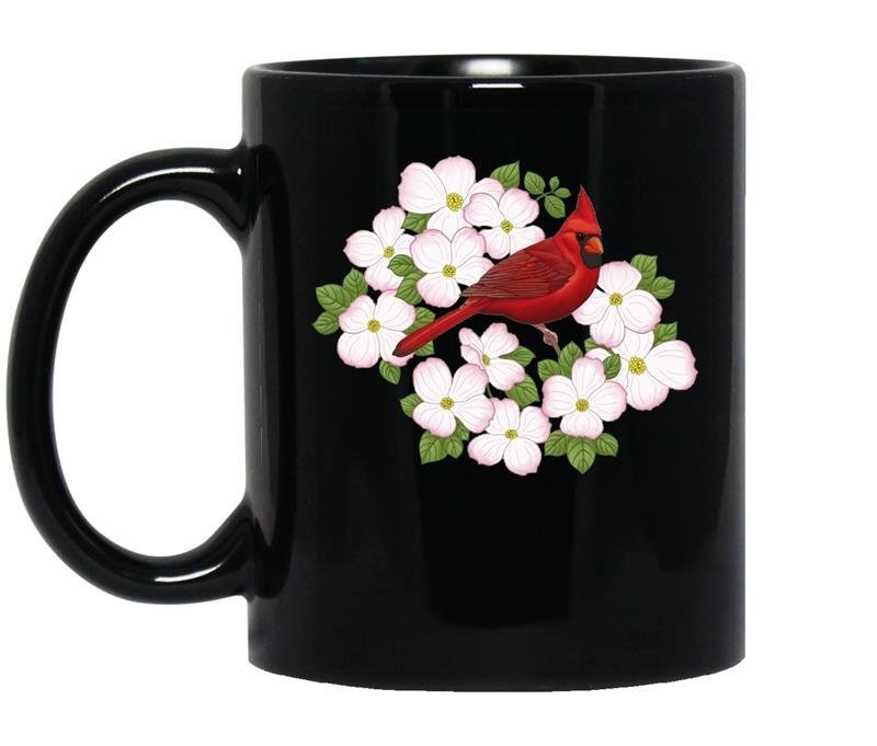 Red cardinal bird pink dogwood flower coffee Mug_Black