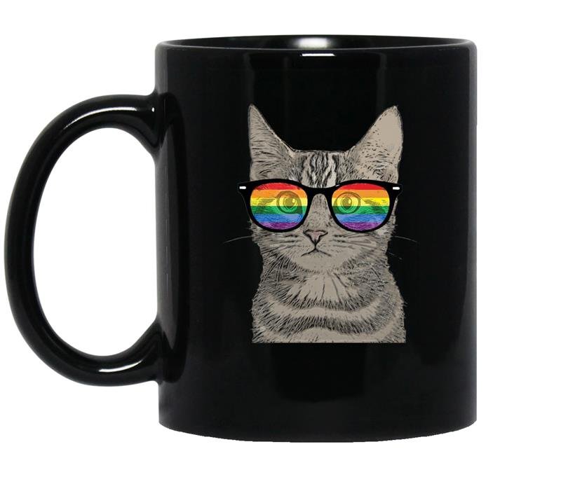 Gay pride cat kitten rainbow lgbt sunglasses funny coffee Mug_Black