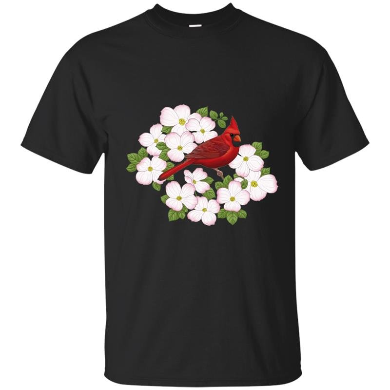 Red cardinal bird pink dogwood flower t-shirt