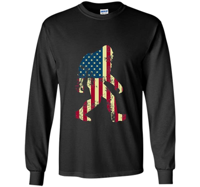 Bigfoot sasquatch american flag funny 4th of july Long Sleeve Gildan