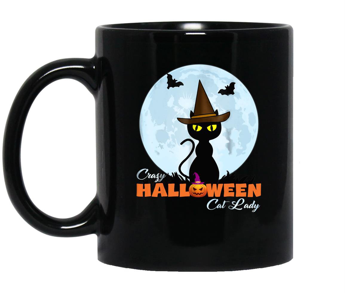 Crazy halloween cat lady funny cat in moon Mug Black