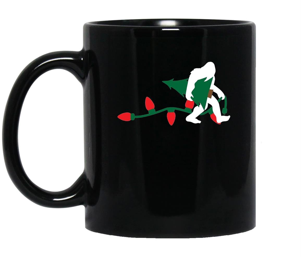 Bigfoot carrying christmas tree holiday sasquatch gift Mug Black