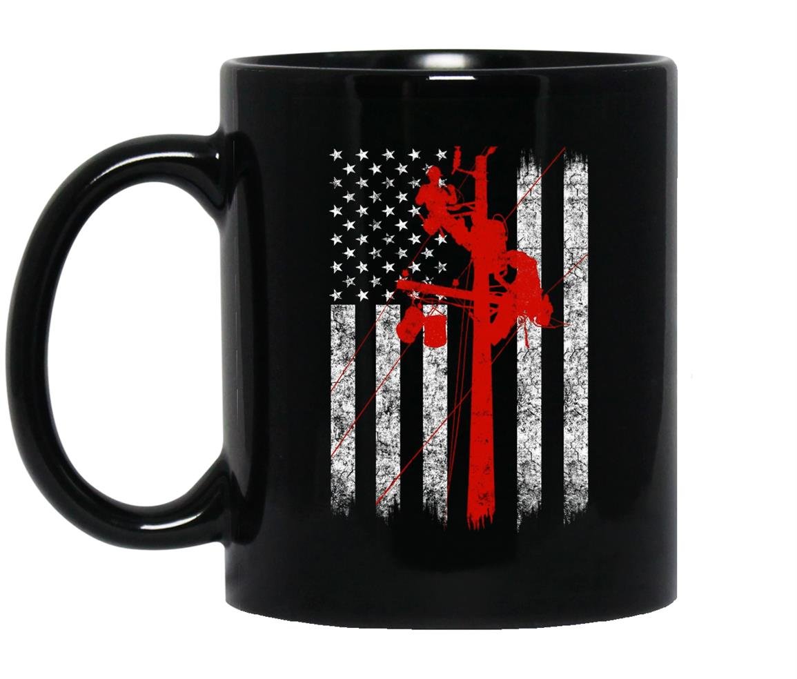 Cool red silhouette grunge american flag lineman Mug Black