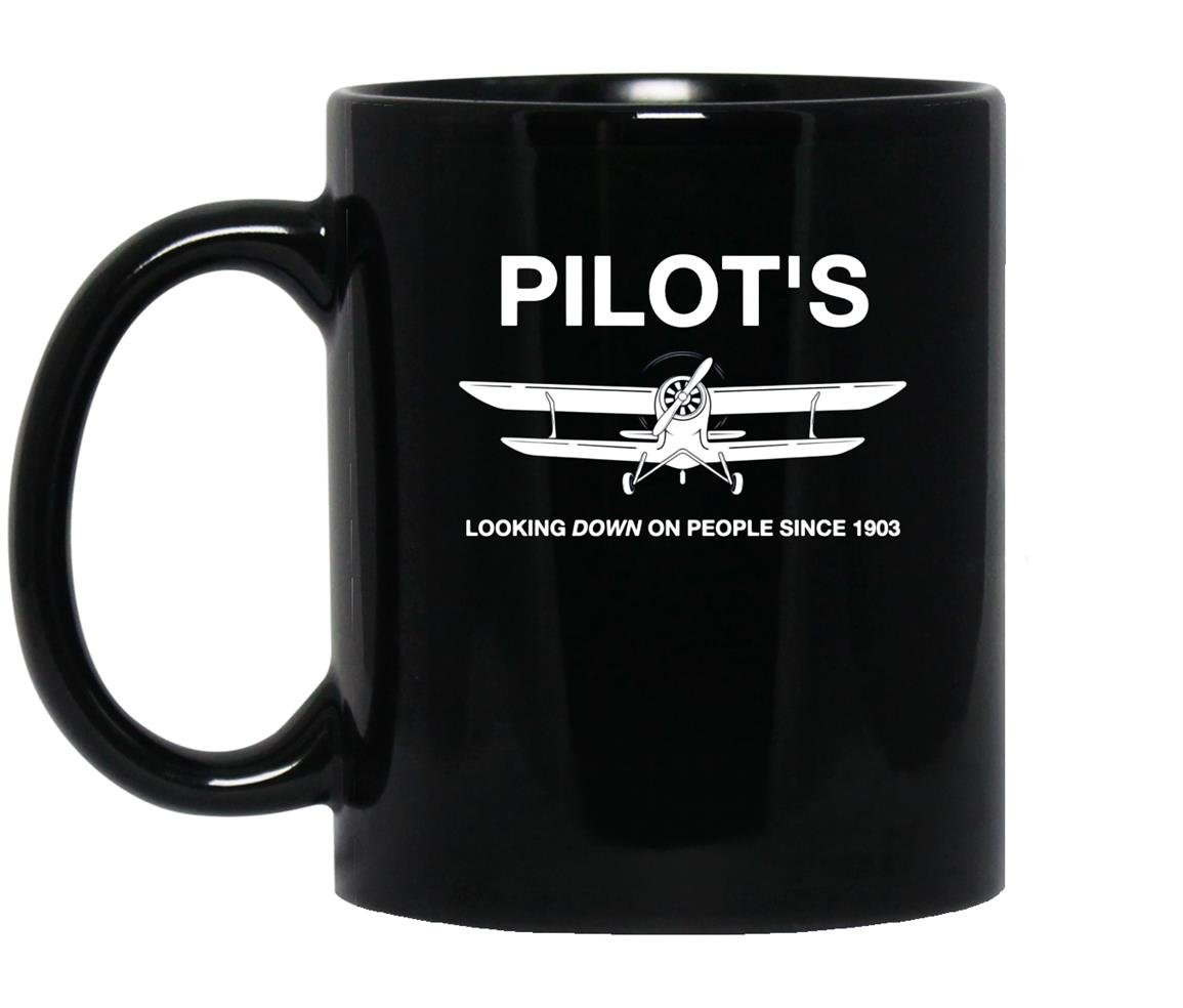 Pilots looking down on people since 1903 with airplane pict Mug Black